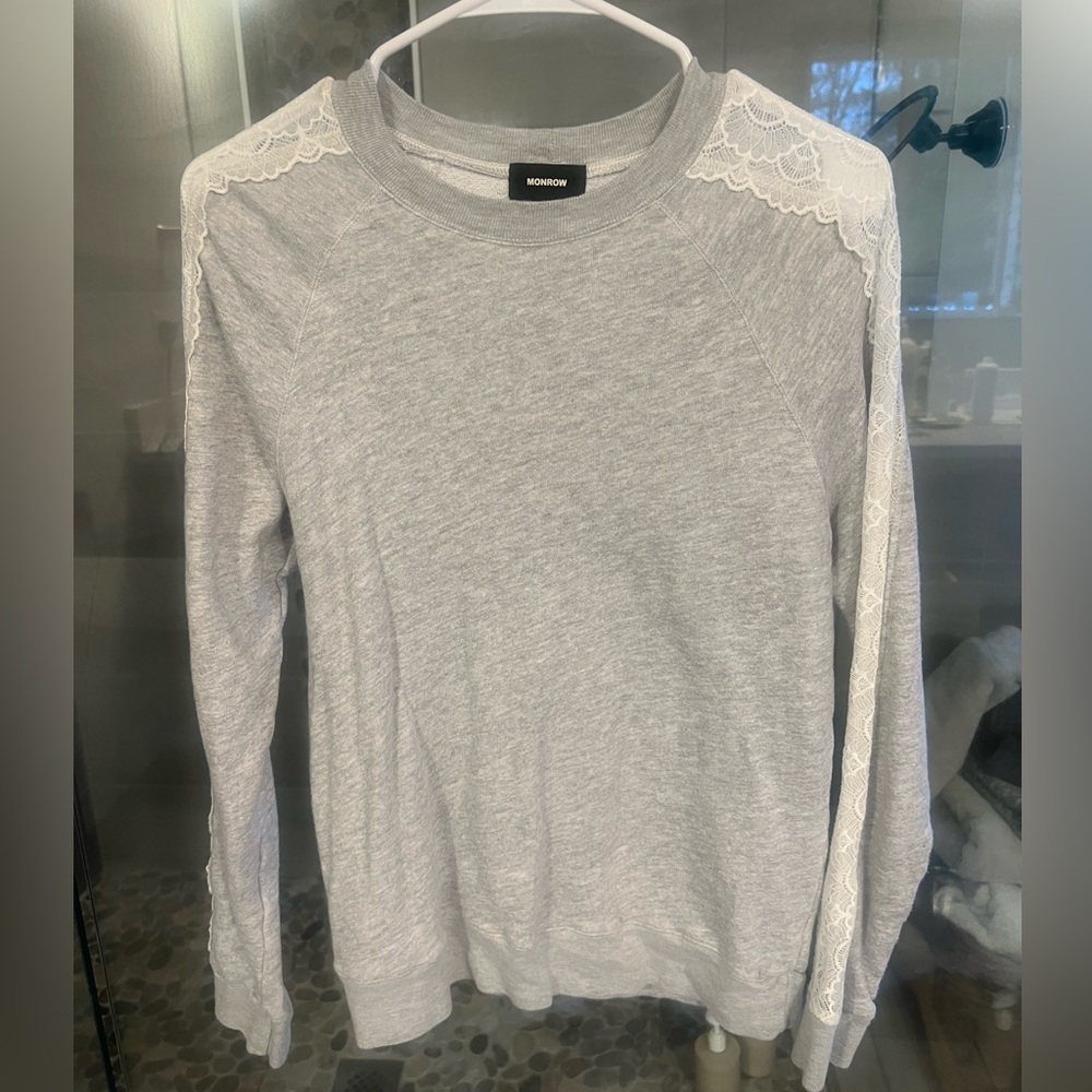 Monrow Gray Lace Sweatshirt detail top XS